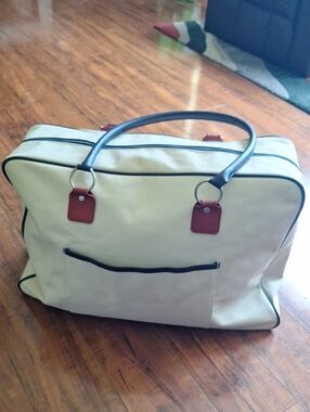 Estee Lauder Cream Duffel Weekender Vintage Bag Handles White, Red & Blue